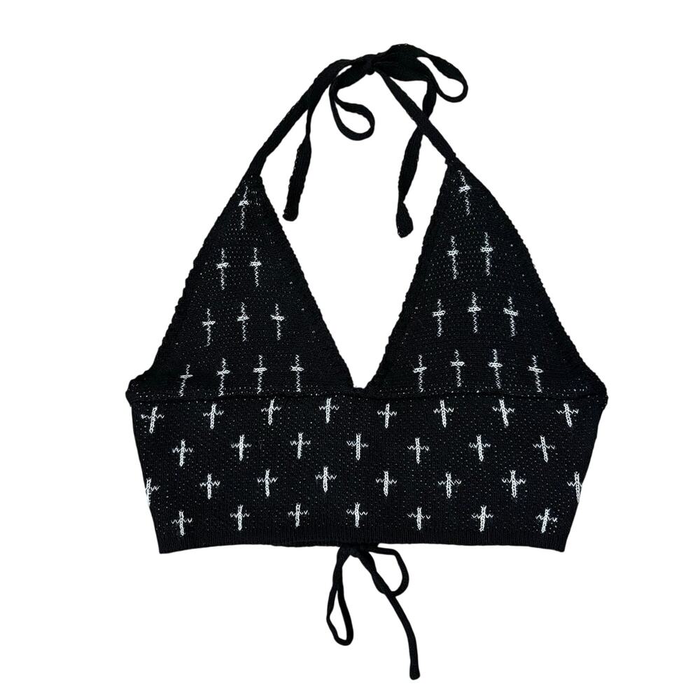 ROMWE Womens Knit Cross Motif Halter Crop Top Black Sz S Grunge Punk Goth Summer